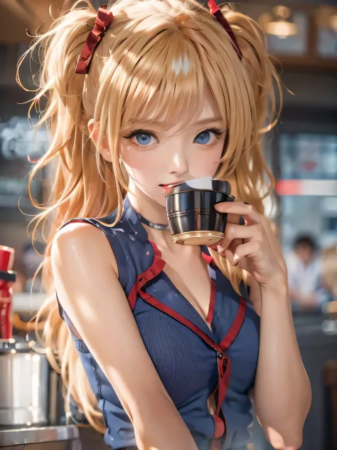 (photorealistic:1.8, highest quality:1.8,8K masterpiece:1.8,High resolution,muste piece:1.8,RAW Photos,cinematic lighting),No split screen, morning、Good Morning、The coffee shop of the future、（23-year-old woman drinking coffee:1.5)、 (Soryu Asuka Langley)、
（...