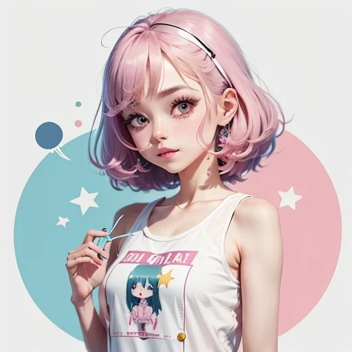 a cute little girl, pink lips, wearing a bright white shirt, soft aurora punk color palette style, anime illustration of her fac...