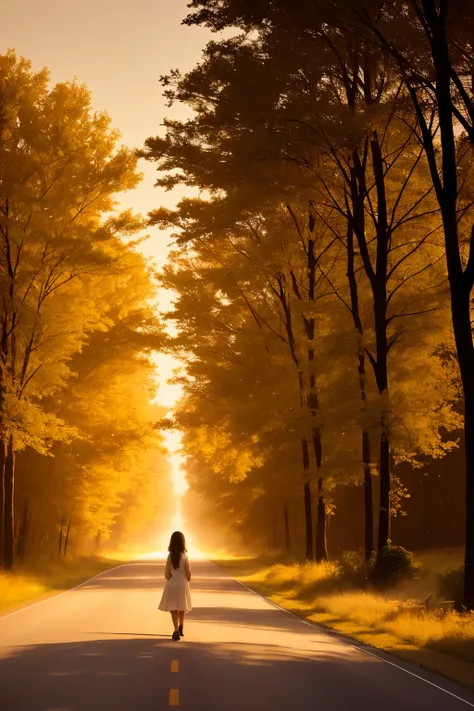 A breathtaking scene of a young girl walking along the deserted road at dawn, with Jesus appearing beside her in a soft, ethereal glow. The image captures the serene beauty of the moment, with the girl dressed in simple clothing, her cheeks flushed with th...