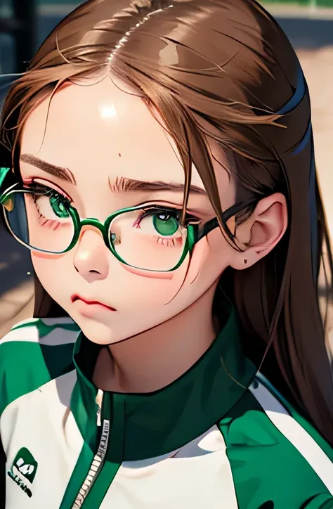 highest quality、realistic、Japanese、girl、zoom、look up、cute、green eyes、long hair、glasses、chestnut hair、all back、The forehead is out、playground、Gym suit、arms folded、pout、Sweat、bust shot、slender、small breasts