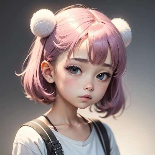 a cute little girl, pink lips, wearing a bright white shirt, soft aurora punk color palette style, anime illustration of her fac...