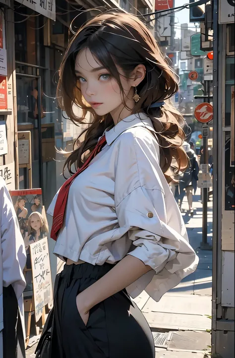 Photo of a beautiful woman standing on a street corner, Perfect model body shape, Stylish pants style, Colorful collar shirt, Stylish hats, very stylish, Mode fashion model, with influence of Jeremy Mann, Jeremy Mann, style of Jeremy Mann, Jeremy Mann pain...