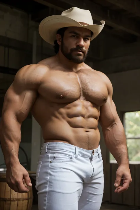 hulk photography, light cinematic heavyweight bodybuilder, 75 kg of complete muscle,  Bigote grueso y trozo chino barbudo, hombres muy guapo. perfect body proportion,, hypermuscular nalgon, realista,  cowboy with hat, white jeans, 