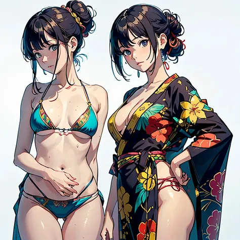 (highest quality, masterpiece, High resolution)、(anime art)、 (reality)、beautiful japanese woman、(two women)、18-year-old、(two womenが手をつなぎ向かい合う)、(Detailed depiction of a beautiful face)、smile gently、small breasts、slim body shape、medium short hair、semi-long、b...