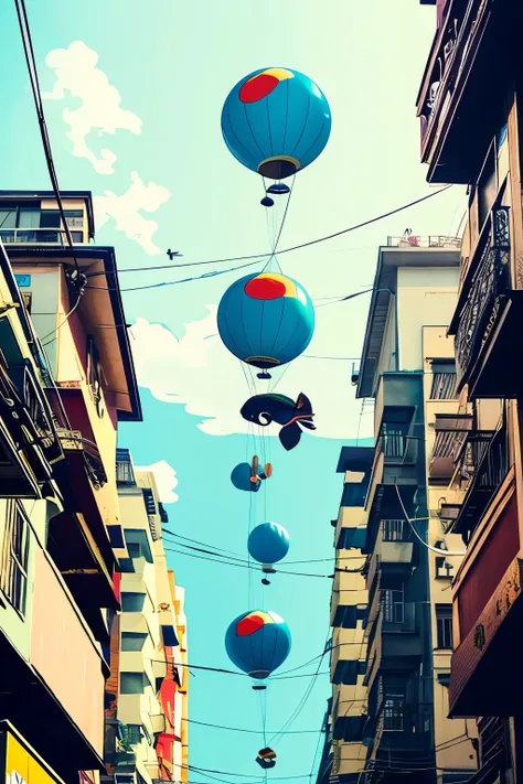 Cartoon style fish balloons floating above a city street, Tekkonkrete, Alphonse Frei, Satoshi Kon and Mobius, Tekkonkrete, Akira Japanese Art, Yoji Shinkawa and Joff Darrow, Komatsuzaki Retro Futurism, Miyazaki anime movie, Japanese science fiction art