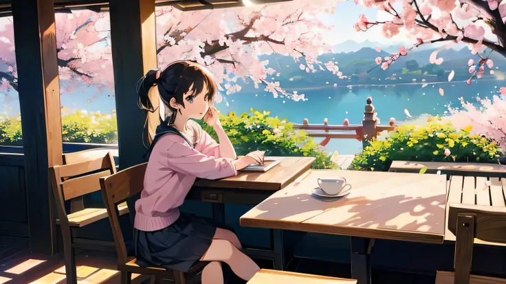 Ghibli anime style girl studying in a cafe with a cat、The cherry blossoms are blooming outside、refreshing morning