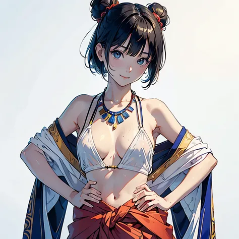 (highest quality, masterpiece, High resolution)、(anime art)、 (reality)、beautiful japanese woman、(two women)、18-year-old、(put your hands on your hips)、(Detailed depiction of a beautiful face)、smile gently、small breasts、slim body shape、medium short hair、semi...