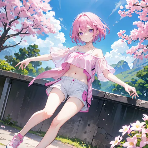 pink hair，purple eyes，short hair，sister head，earring ，Two black hairpins，girl，cute，Short sleeves with open shoulders，shorts，Navel exposed，Wearing sneakers，whole body，stand on the ground，Does not expose fingers，Background is white flowers，Blue sky and white...