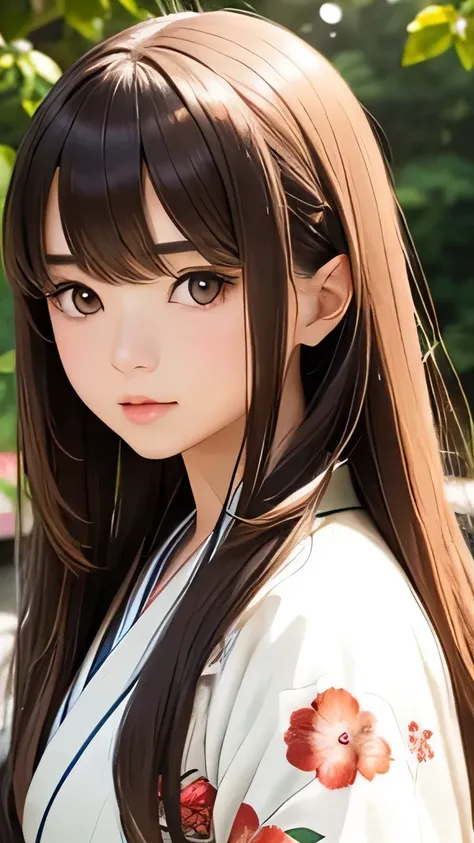 highest quality、realistic、Japanese、girl、zoom、look up、cute、brown eyes、chestnut hair、straight hair、long hair、comb your hair、white kimono、face close up、slender