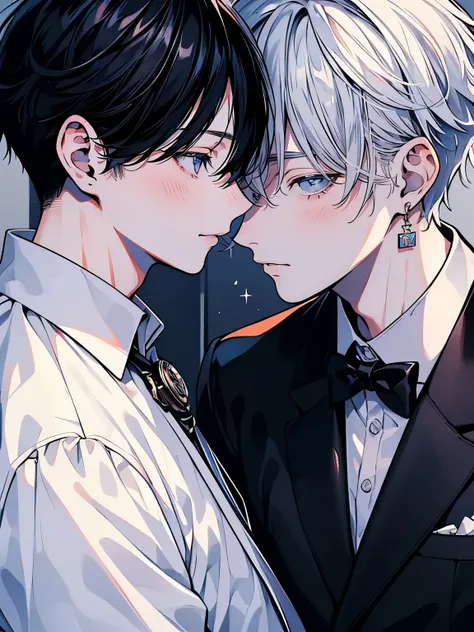 (muste piece), (best quality), very detailed, ((two men intimate)), perfect face, beautiful face, very detailed顔，(black haired man:1.3)，(white haired man:1.3)，suit，shirt