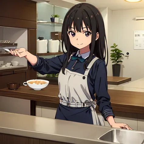 Inoue Takina, black hair, waiter uniform with blue buttons, apron, camera setting, smile mouth, face of happiness, 1girl, Solo, 1 person, cafetaria.full body