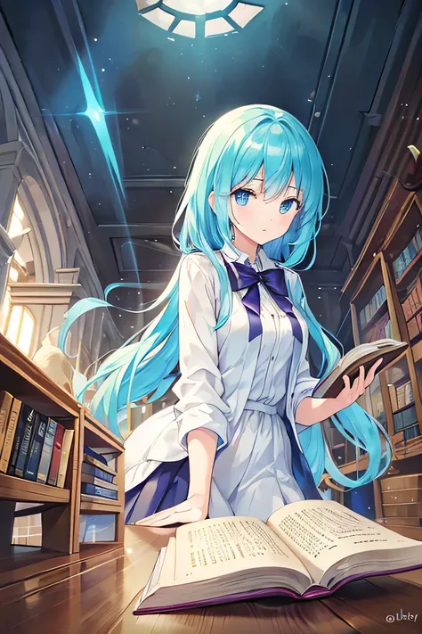 A mysterious light emanates from the opened book, opening a door to another world, in library, A beautiful girl is absorbed by a mysterious light emitted from a book.