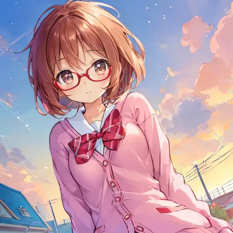 ((masterpiece)), ((best quality)), (ultra-detailed), ((kawaii)), cute, (lovely), illustration, anime style, dynamic angle, upper body, upper body focus, a cute girl, 1girl, solo, School rooftop, pastel pink cardigan, (beautiful eyes), brown eyes, beautiful...