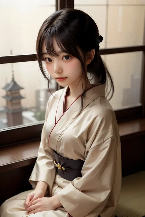 realistic, alone, beautiful japanese woman, traditional kimono, natural appearance, soft smile, impressive sight, traditional hairstyle, Japanese-style room at dusk, sitting by the window, illuminated by the city lights, (attractive pose), professional pho...