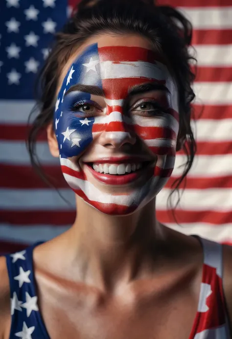 ultra realistic image of a 30 year old woman, smiling, with her face completely painted with the united states flag, 8k resolution, cinematic lighting, depth blur, insane skin texture, detailed shadows, raw photo, greg rutkowski style