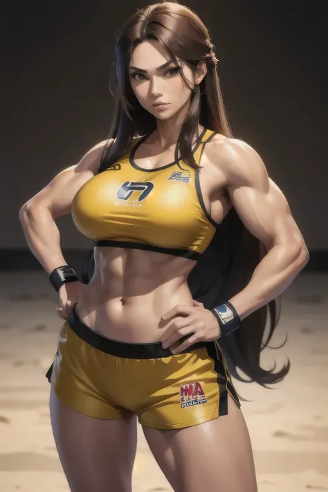 A woman, Japanese, brown long hair, dressed as a fighter, MMA, tall girl, muscular, yellow uniform, big breast, loose hair, covert in sweet, shorts, loose hair, short top, hands on hip