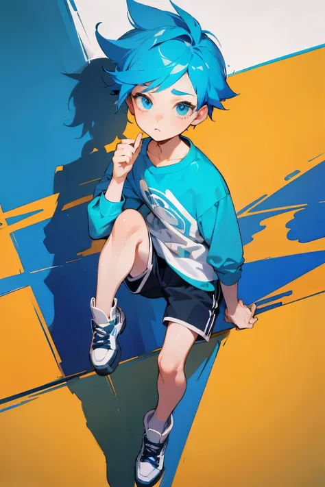 little boy with blue hair, in shorts, Austrian Artist, effeminate