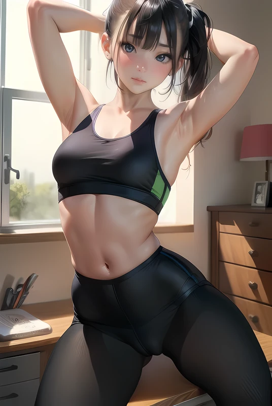 spreading her legs, holding her arms behind her herd, from front, perfect anatomy, pale skin, in her room, emphasizing her armpit, black ponytail hair, black eyes, eyelashes, wearing the sports bra and the thin leggings, medium breasts, navel, solo