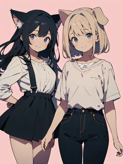 ((highest quality、masterpiece、High resolution、detailed)), beautiful anime、((two cute girls)), (dog ears),(Cat ear)、(tail)、 looking at the viewer, smile, casual outfit,(Cute decorative background、simple background)