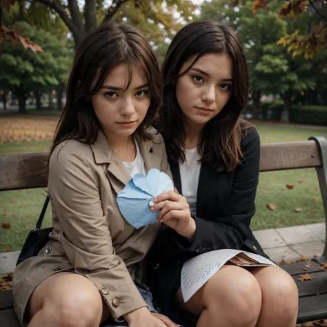 A young woman sits alone on a park bench, her eyes red from crying, clutching a crumpled love letter in her hand as autumn leaves fall around her.