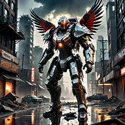 (highres:1.2),detailed battle cyborg,strides through ruined city with Crow theming,incredible attention to detail,metallic armor with intricate designs,glowing red eyes,feathers and wings on the back,sinister atmosphere,dark and desolate streets,destroyed ...