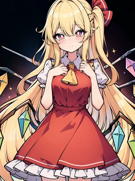 (cowboy shot), (colorful:1.1), glowing, (ultra-high resolution, depth of field:1.2), (Flandre scarlet:1.1), (1woman), (adult), in her 20s, Touhou project, (medium breasts), (crimson eyes), white pupils, glowing eyes, blonde hair, wavy hair, (long hair:1.2)...