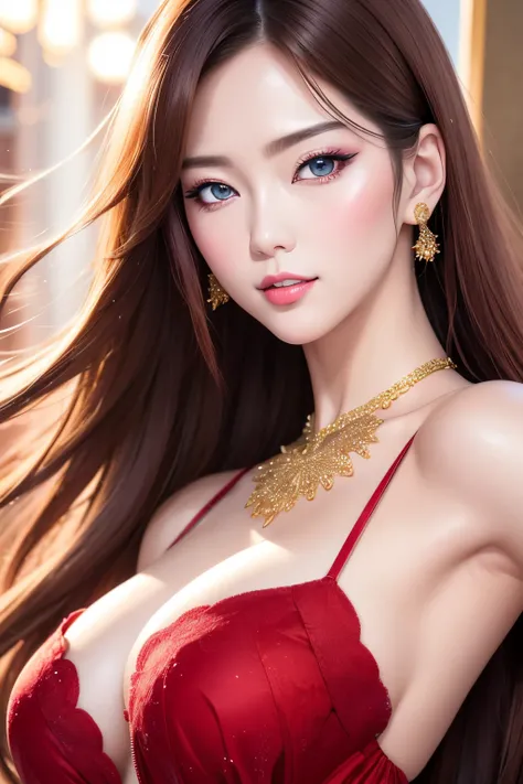 best quality, super fine, 16k, RAW photo, photorealistic, incredibly absurdres, extremely detailed, delicate, flashy and dynamic depiction, beautiful woman like Reiji Matsumoto draws, intelligent cool beauty, excited look, glossy light brown hair, beautifu...