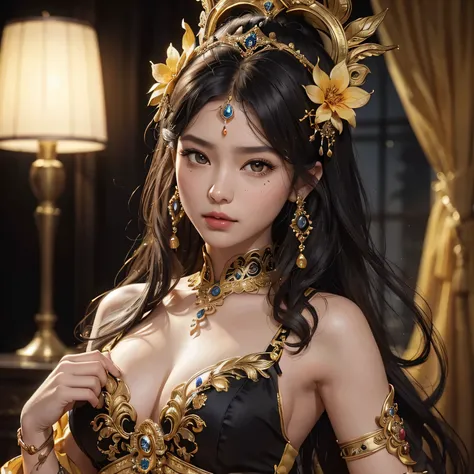 araffe woman with small breast in a yellow and black dress with a flower in her hair, traditional beauty, wearing an ornate outfit, wearing ornate clothing, ornate , intricate outfit, beautiful oriental woman, beautiful costume, traditional makeup, ornate ...