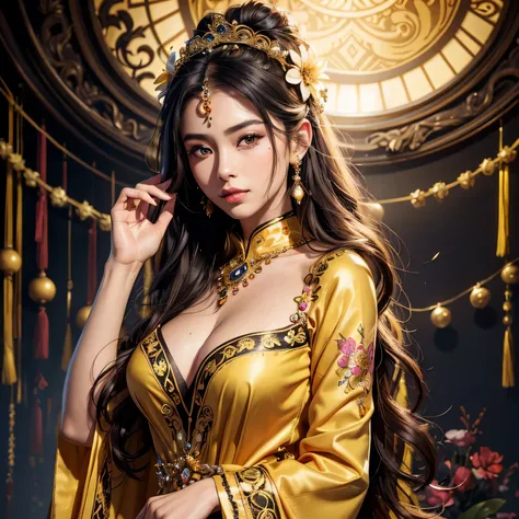 araffe woman with small breast in a yellow and black dress with a flower in her hair, traditional beauty, wearing an ornate outfit, wearing ornate clothing, ornate , intricate outfit, beautiful oriental woman, beautiful costume, traditional makeup, ornate ...