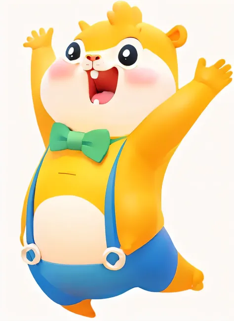 cartoon hamster with bow tie and suspenders waving, dambru, Lovely:2, mob_Features, posture(raise arms + happy), hamster, fresh beans, No gradient, dambru and artstation, happy big chungus, Lovely Features, Sony Chu, delpibru, gelbooru anime image, :3，3D r...