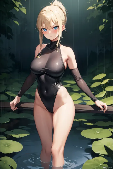 forest,night,rain,soil,1 girl,blonde,ponytail,blue eyes,black leotard,Super High Leg Cut,serious face,blush,dark face,rainに濡れている女の子,big breasts,walk,dark face,bare hands,full body figure,Swimming in the pond