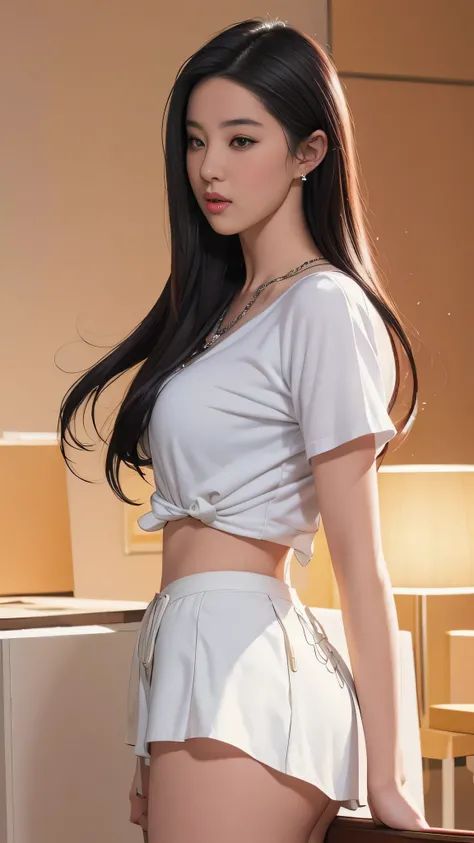 at office in background,looking at viewer,depth of field, bokeh,light falling,((MILF))
1girl wearing an office outfit, red shirt, white skirt ,huge breasts,
brown eyes,(long hair, black hair, very straight hair:1.4, hime cut:1.4), earrings necklace,pout,
p...