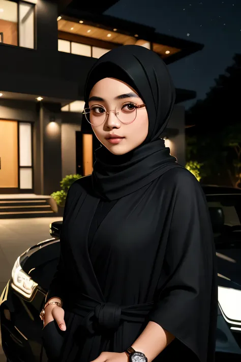 ((best quality)), ((masterpiece)), (detailed), perfect face An 16 year old cute face  Indonesian woman with a sharp nose wearing round glasses with luxury watches wearing a black pashmina hijab and a long black robe in a modern style is Beside the black co...