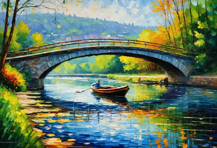 A picture of a boat floating on a river next to a bridge, Oil painting on canvas by Leonid Afremov, shutter stock, Neo-Beastialism, Afremov leonid, style of leonid Afremov”, Afremov, Hue in oil painting, Impressionist painting, Luminescent oil painting, Im...