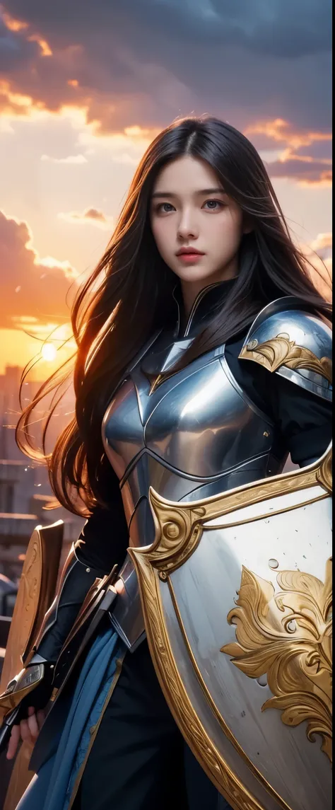 Beautiful Knight, long hair, perfect face, holding shield, medium shot, (masterpiece, top quality, best quality, official art, beautiful and aesthetic:1.2), (1girl), extremely detailed, colorful, highest detail, perfect face, HDR, (perfect anatomy)