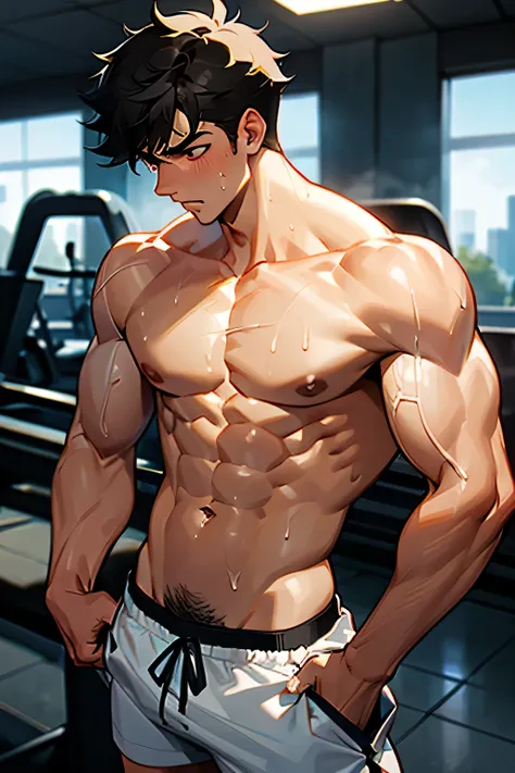 shirtless, super muscular, sweat-drenched body, 22-year old short black hair handsome caucasian male wearing white gym shorts, sweating in the gym
