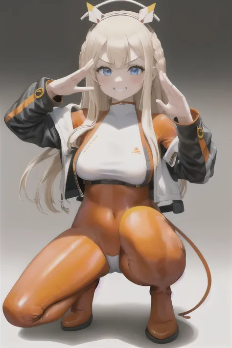 masterpiece, best quality, 1girl, solo, tove, headgear, braid, orange bodysuit, jacket, grin, looking at viewer, blush, long sleeves, full body, hood, salute, squatting,