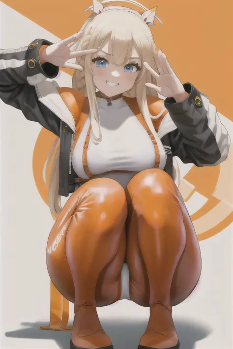 masterpiece, best quality, 1girl, solo, tove, headgear, braid, orange bodysuit, jacket, grin, looking at viewer, blush, long sleeves, full body, hood, salute, squatting,