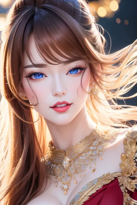 best quality, super fine, 16k, RAW photo, photorealistic, incredibly absurdres, extremely detailed, delicate, flashy and dynamic depiction, beautiful woman like Reiji Matsumoto draws, intelligent cool beauty, excited look, glossy light brown hair, beautifu...