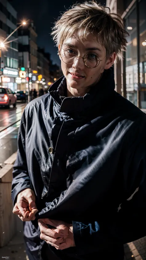 epic composition, city street, Japan, deserted street, the night, flashing in the background, Red and blue color, (masterpiece:1.2), male focus, 1boy, Gojo Satoru, round eyewear, sunglasses, hands in pocket, blindfold, black jacket, (Masterpiece:1.3), (Bes...