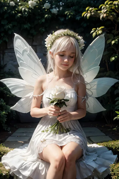 a ultra cute mythical fairy sitting inside of a ultra white rose bud, white rose garden, white rose, white mock orange bush, in a garden, 8k