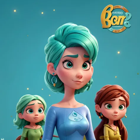 pixar style poster, uma mulher branca com longos cabelos verdes, com olhos azuis, usando piercing no septo, com sobrancelhas loiras e bochechas marcadas.