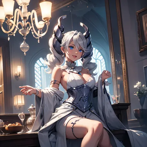 ((masterpiece)),(best quality), ((extremely detailed CG unity 4k wallpaper)),(cinematic lighting), (an extremely delicate and beautiful girl:1.3),(++silver hair++),blue eyes, long hair, jewelry,earrings, :d, maid, labrynth,
dance floor,(Crystal chandelier)...