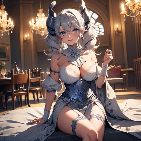 ((masterpiece)),(best quality), ((extremely detailed CG unity 4k wallpaper)),(cinematic lighting), (an extremely delicate and beautiful girl:1.3),(++silver hair++),blue eyes, long hair, jewelry,earrings, :d, maid, labrynth,
dance floor,(Crystal chandelier)...