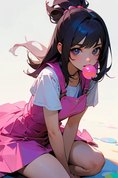 A beautiful girl sitting on the ground blowing bubble gum，helpless expression