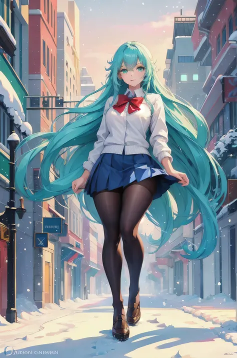 (best quality, ultra-high resolution:1.2), 1 woman, alone, full body, snowy city, beautiful detailed blue hair, beautiful detailed green eyes, stylish , confident expression, walking on a snow-covered street, pristine white snowflakes falling gently, tall ...