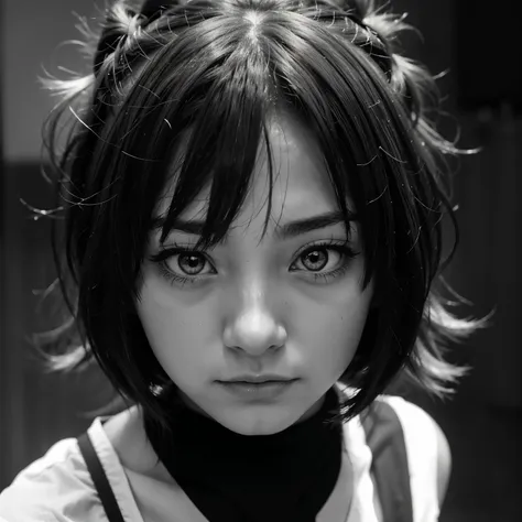 an anime girl thats sad in a black and white background