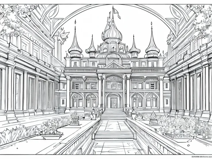 Please generate only the outline or stroke of this drawing so that I can use it in a coloring book: A great palace with immense royal gardens
