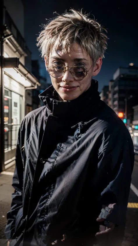 epic composition, city street, Japan, deserted street, the night, flashing in the background, Red and blue color, (masterpiece:1.2), male focus, 1boy, Gojo Satoru, round eyewear, sunglasses, hands in pocket, blindfold, black jacket, (Masterpiece:1.3), (Bes...