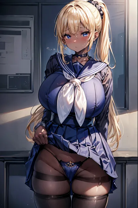 (masterpiece:1.2、highest quality、T Masterpiece)、1 female、alone、classroom、Day、stand、blonde、ponytail、blue eyes、(sailor suit:1.4)、(black skin:1.4)、big breasts、pantyhose、corset、earrings、lipstick、mini skirt、very sweaty、Scrunchie、choker、blush、crying face、lift th...